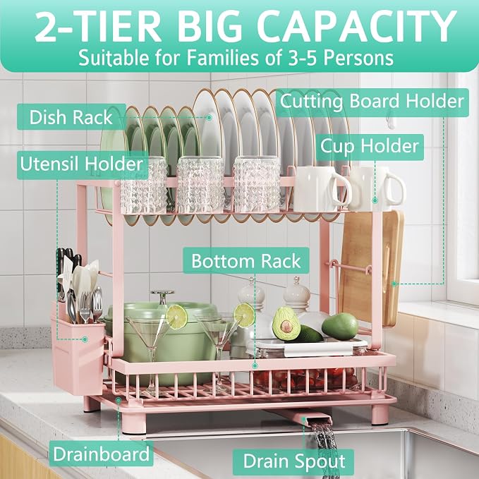Multifunctional Dish Drying Rack - Rustproof, 2-Tier Dish Racks with Drainboard, Space-Saving Design, Utensil & Cup Holder for Kitchen Counter, Pink - Image 2