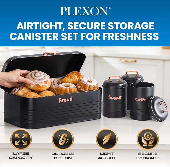 Plexon Black Bread Box for Kitchen Countertop Tea Coffee Sugar Container Set - Metal Bread Container Storage Keeper Organizer - Canister Set of 4 - Image 4