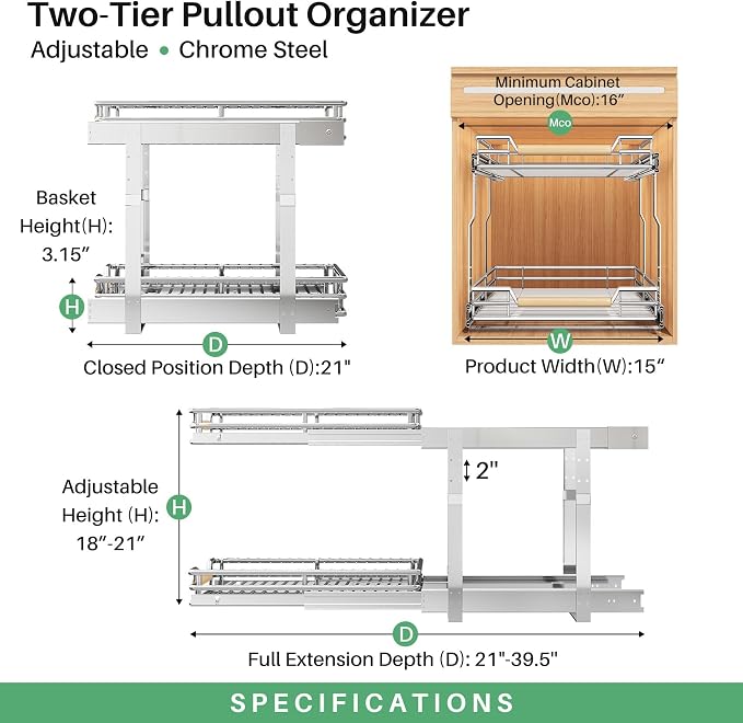 Pull out Cabinet Organizer, 2 Tiers 15"W X 21"D, Heavy Duty Smooth Sliding Under Cabinet Shelves for Pots and Pans, Full-Extension Roll out Drawers, Slide out Organization for Home Kitchen Pantry - Image 4
