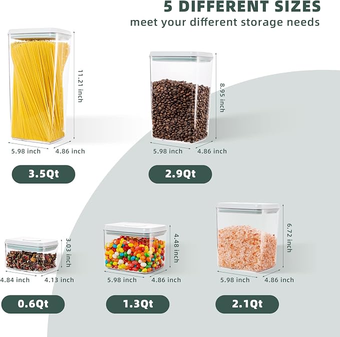 Airtight Pantry Storage Containers, 5 Pack, 0.6-3.5 Qt, Pop-Top | Clear Stackable Kitchen Canisters for Flour, Sugar, Cereal, Rice, Pasta, Coffee and Snacks with Visible Measurement Markings - Image 4