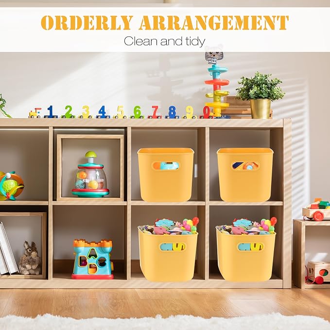 8 Pieces Colorful Storage Bins with Lid, Plastic Storage Basket Organizing Container Stackable Box with Handle for Shelves Desktop Playroom Office(10.2 x 7 x 6.3 Inch,Yellow) - Image 5