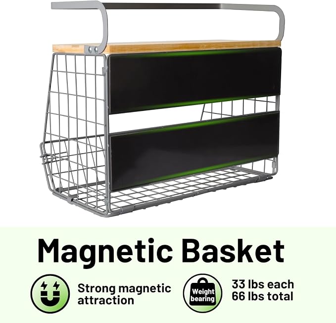 Magnetic Fridge Shelf with Wood Lid, Fruit Potato Onion Storage Bins, Pantry Organizers, Large Container Spice Rack for Refrigerator, Kitchen Counter, Cabinet (2, Silver) - Image 4