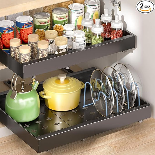 Delamu 16" Deep Pull Out Cabinet Organizer with 6 Dividers, Expandable (11.7 "-20" W) Pull Out Drawers for Cabinets, Cabinet Trays Pull Out for Cabinets in Kitchen, Pantry or Bathroom, Black, 2 Pack by DELAMU