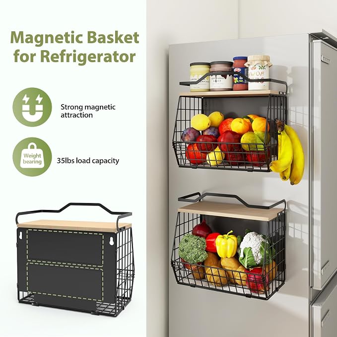 Wawocs Magnetic Shelf for Fridge with Wood Lid, 2 Tier Fruit Baskets Wall Mounted Hanging Basket with 4 Hanger Hooks, Potato and Onion Magnetic Storage Bins for Kitchen Counter, Refrigerator, Cabinet - Image 2