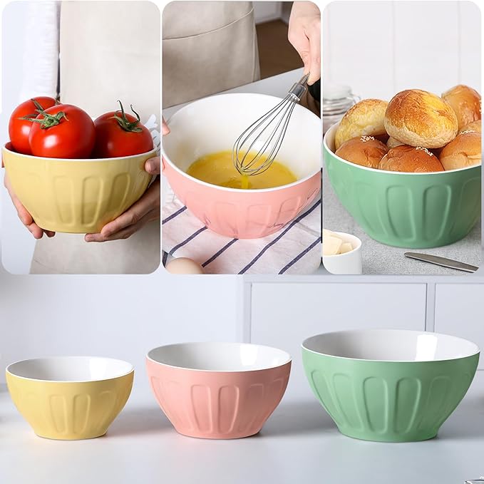 Lareina Ceramic Mixing Bowls Set of 3, Large Nesting Bowls for Serving/Baking/Prepping, Housewarming & Wedding Gift, Oven, Microwave and Dishwasher Safe 3.2/1.7/1.2 Qt, Pastel Color - Image 3