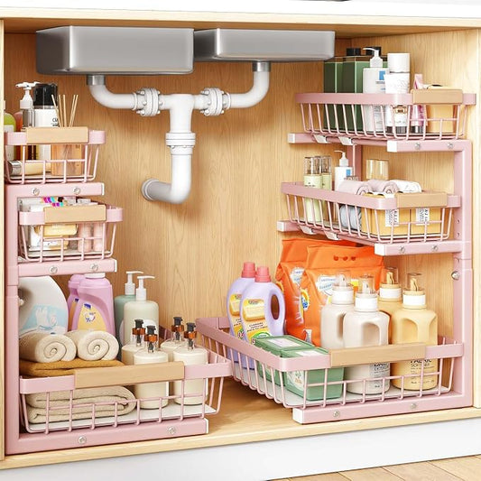 PXRACK Under Sink Organizer, 2-Pack 3-Tier Height Adjustable Thickened Metal Pull out Cabinet Organizer Shelf, Slide out Storage Drawer Rack for Bathroom Kitchen Pantry Home Organization, Pink by PXRACK