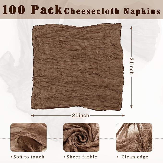 Brown 100 Pack Cheesecloth Napkins Washable 21x21 Inches Brown Cloth Napkins Set of 100 Dinner Table Napkins for Wedding Summer Bridal Baby Shower Rustic Boho Cotton Gauze Party Table Decor - Image 3