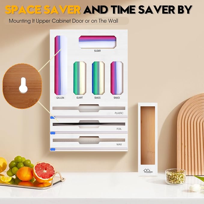 9 in 1 Foil and Plastic Wrap Dispenser with Cutter, White Bamboo Ziplock Bag Organizer for Drawer - Holds Gallon, Quart Bags & Aluminum Foil/Wax Paper, Wall Mountable Kitchen Storage - Image 4