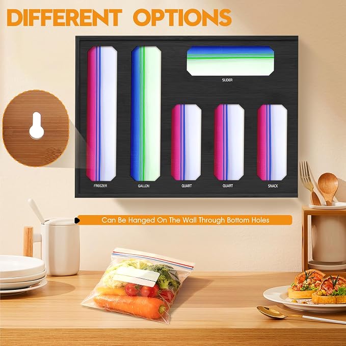 6 in 1 Bamboo Ziploc Bag Storage Organizer, Black Baggie Organizer for Drawer with Sliding Lid - Fits Gallon, Quart, Sandwich, Snack & Freezer Bags, Wall Mountable Kitchen Drawer Organization - Image 6