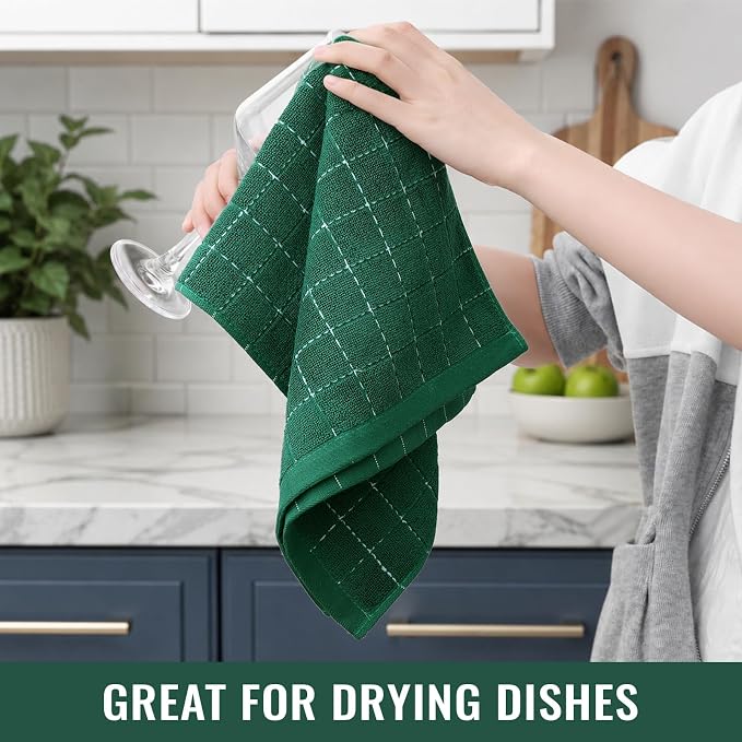 Kitinjoy 100% Cotton Terry Kitchen Towels, 13”x 28”, 4-Pack,Dark Green | Checkered Designed, Ultra Soft Absorbent Quick Drying Dish Towels - Image 6