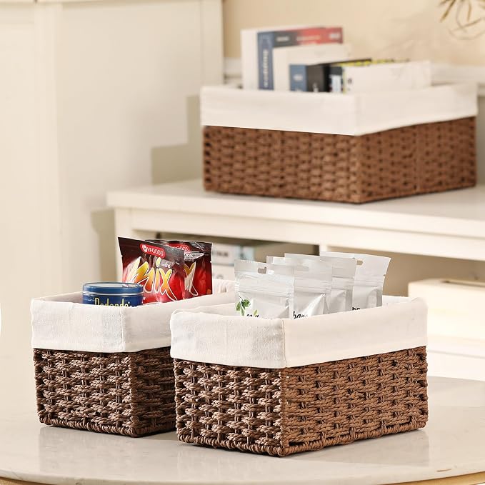 Wicker Baskets for Storage, Set of 5 Hand-Woven Wicker Storage Baskets for Shelves, Cube Storage Baskets Bins with Handles, Wicker Basket for Organizing Pantry Bedroom, Brown - Image 5