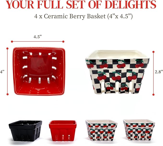 Ceramic Berry Baskets Set of 4, Checkered Fruit Colanders | Black and white checkered with red cherry pattern, stoneware, dishwasher safe, drains and stores berries, farmhouse kitchen - Image 8