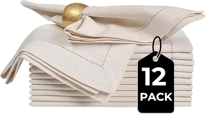 Linen Cotton Cloth Napkins Set of 12, 20x20 Inch Dinner Napkins | Natural Hemstitched Fabric – Machine Washable Elegant Reusable Table Napkins for Weddings, Parties & Dining Décor by BeddingCraft