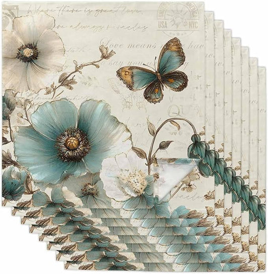 Turquoise Flowers Cloth Napkins Washable Set of 8, 20 x 20 Inch Reusable Rustic Spring Botanical Floral Butterfly Dinner Table Napkins Cloth Bulk for Weddings Kitchen Restaurants Hotel Events Parties by SODIKA