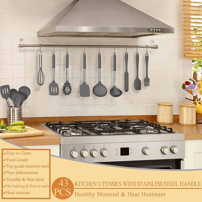 Silicone Cooking Utensil Set, Umite Chef 43 PCS Heat Resistant Kitchen Utensil Gadgets Set-Stainless Steel Handle- Kitchen Spatula Tools for Nonstick Cookware, Pots and Pans Accessories(Grey) - Image 7