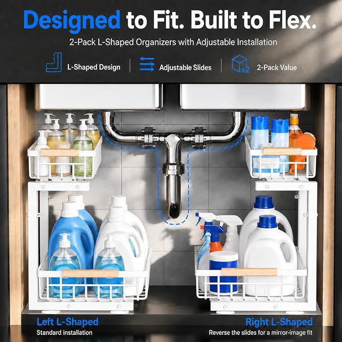 Under Sink Organizer 2 Pack, Double Slide Out Metal Shelf, White | Pull Out Kitchen Storage Cabinet Organizer, 2-Tier Under Sink Storage Rack for Bathroom Laundry Kitchen Storage with Drawer - Image 7