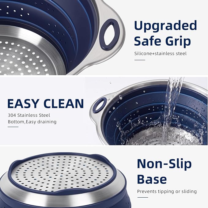 Collapsible Colander Set with Silicone Mat,2-in-1 Stainless Steel Colander for Kitchen, Foldable Metal Colander, Space-Saving for Pasta Veggies Fruit(NAVY BLUE) - Image 8