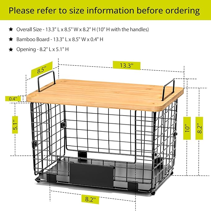 2 Set XL Stackable Wire Basket with Bamboo Tops & Tags- Pantry Organizer and Storage Bins, Kitchen Counter Cabinet Shelf Countertop Under Sink Organizing, Food Snack Produce Onion Potato Bread Storage - Image 6