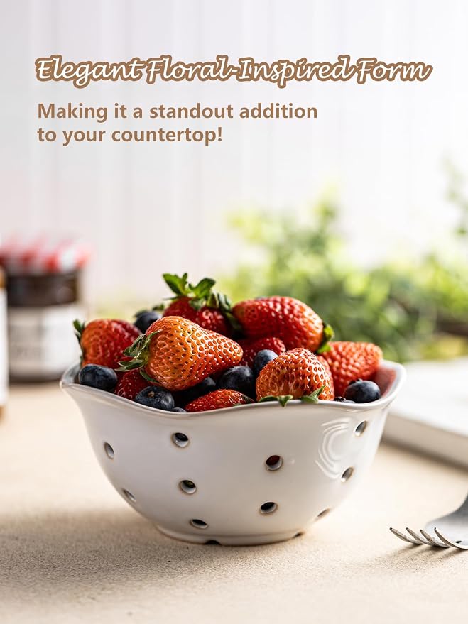 Gomakren Ceramic Berry Basket Set of 2, Elegant Fruit Basket Container 6 Inch, Fruit Bowl with Holes for Kitchen Counter, Berries, Strawberry, Grape, Cherry, Floral Shape - White - Image 5