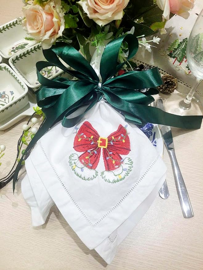Embroidered Cloth Napkin Red Bow Christmas Cotton Napkins Set of 6, 20x20 Hemstitch Table Napkins, Machine Washable, Daily & Holidays, Great Gift Ideas - Image 6