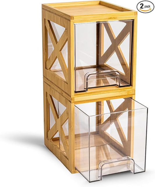 Bamboo Pantry Drawer Organizer, Stackable Pull-Out Storage Bins, 2-Pack | Countertop organizer, snack storage, coffee pod holder, pantry organization, kitchen storage by Unknown