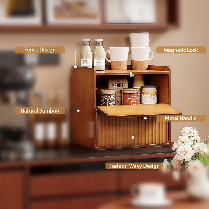 Trironsun Rustic Bread Box for Kitchen Countertop Bamboo Bread Storage Container Bin Double Layer BreadBox Farmhouse Large Capacity Food Organizer (Brown) - Image 4