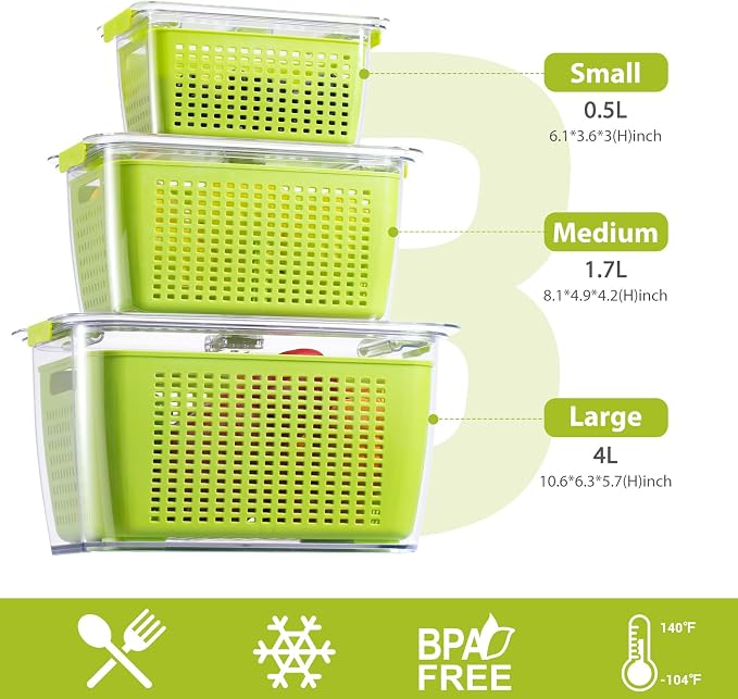 LUXEAR Fresh Container, 3PACK Produce Saver Container BPA Free Fridge Organizer for Vegetable Fruit and Salad Partitioned Food Storage Container with Vents Stay Fresh Containers Not Dishwashers Safe - Image 4