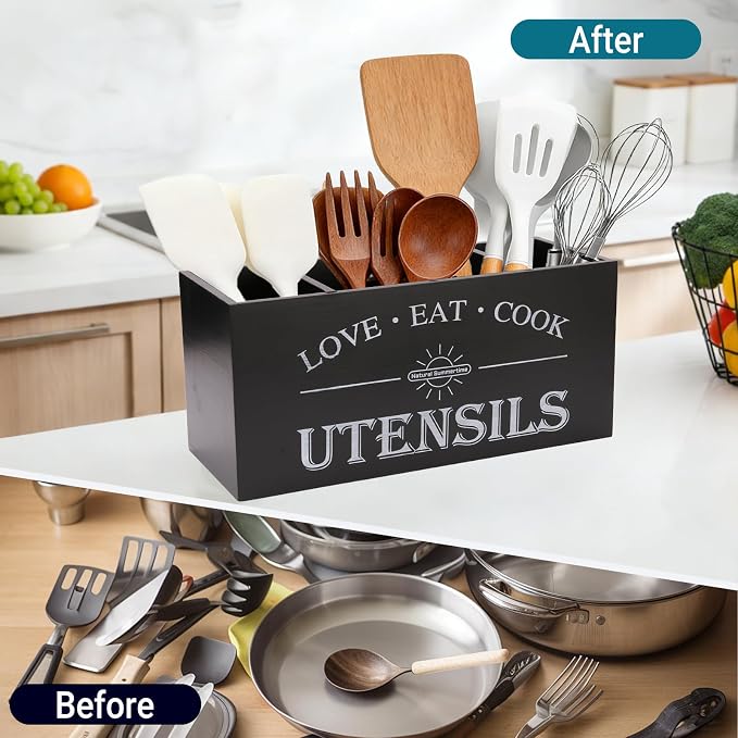 2 PC Wooden Utensil Holder,（With 4-Compartments size*1 + 3-Compartments size*1） Extra Large Kitchen Counter,Cooking Spatula Organizer,Farmhouse Decor, Rustic Cooking Utensil - Image 3