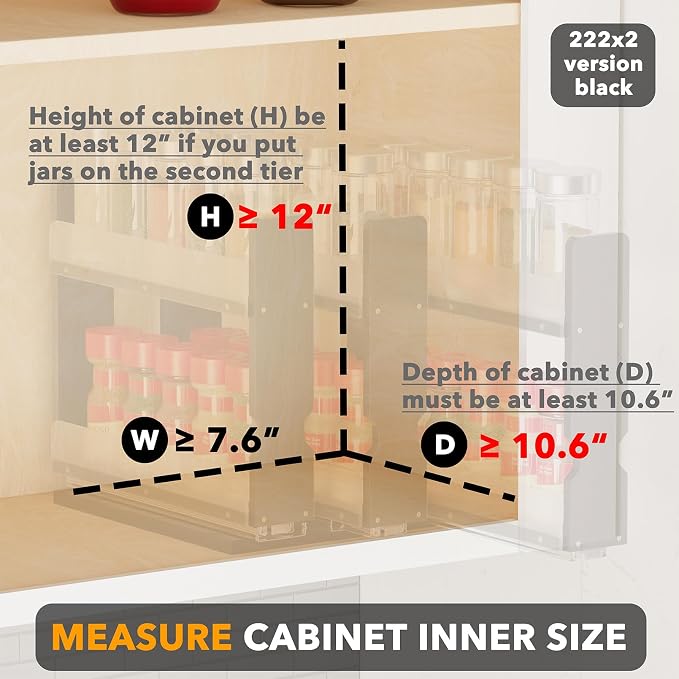 SpaceAid Bamboo Pull Out Spice Rack Organizer for Cabinet, Heavy Duty Slide Out Seasoning Kitchen Pantry Sliding Vertical Organization, 7.6" Wide, 3 Drawers(2" Wide), 2-Tier, Black - Image 4