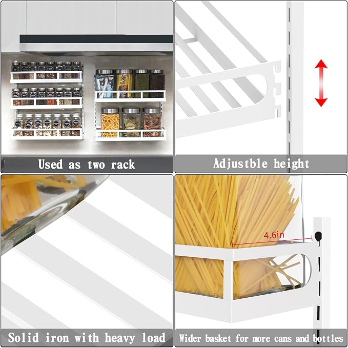 X-cosrack Wall Mount Spice Rack Organizer 5 Tier Height-Adjustable Hanging Spice Shelf Storage for Kitchen Pantry Cabinet Door, Dual-Use Seasoning Holder Rack with Hooks, White - Image 5