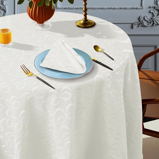 White Round Tablecloth 70 Inch Cloth for 5ft Tables (4-6 Seats) - Cotton & Polyester - Wrinkle/Fade Resistant - Washable & Reusable - 1PC Circle Table Cover for Wedding, Party & Dining, Bows Jacquard by VOOVAMOVAS