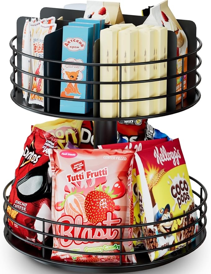 Snack Organizer - Versatile Snack Storage 2 Tier Lazy Susan with Convenient Grab-and-Go Design, Metal Snack Holder for Home, Office, Breakroom, 11.85" L x 11.85" W x 13.3" H (Matte Black) by NANAGIFTREE
