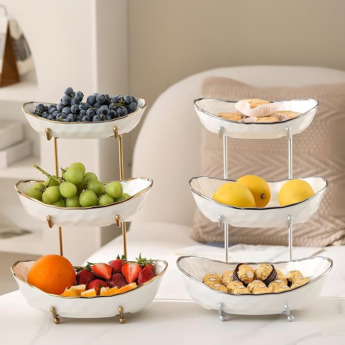 White Fruit Bowl with Silver Metal Stand, 3 Tier Modern Ceramic Fruit Bowl Fruit Rack for Kitchen Counter, Tiered Fruit Basket for Snacks Bread Candy Storage (White B,3 Tier) - Image 3