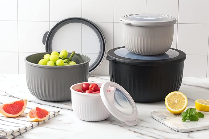 COOK WITH COLOR Prep Bowls with Lids- Wide and Deep Nesting Plastic Small Mixing Bowl Set with Lids, 8 Piece Set - Deep Bowls, Black/White - Image 6