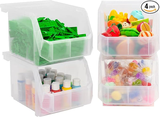 Medium-Tall Stackable Plastic Storage Bins, 4-Pack, Clear | Open-Front Stackable Bins For Garage, Pantry, Closet & Office, 7"L X 11"W X 8"H, Nests When Empty, Durable Plastic, by Akro-Mils