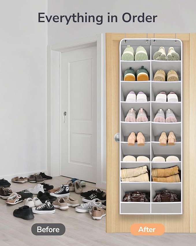 ULG Over The Door Shoe Organizer with 16 Large Pockets, Hanging Shoe Rack for Closet Door, Space Saving Shoe Storage for Boots, Heels & Sneakers,Grey - Image 4