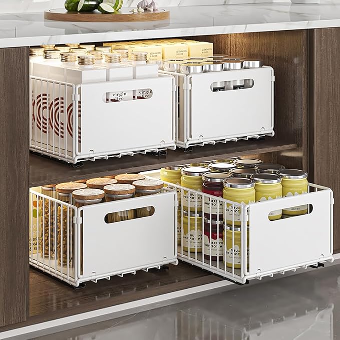YunNasi Pull Out Cabinet Organizer, White, 4Piece 9.8" W X15 D X7.5 H | Slide Out Drawer Storage Shelves, Cupboard Organiser, Sliding Cabinet Basket for Kitchen, No Drilling and Nailing by YunNasi