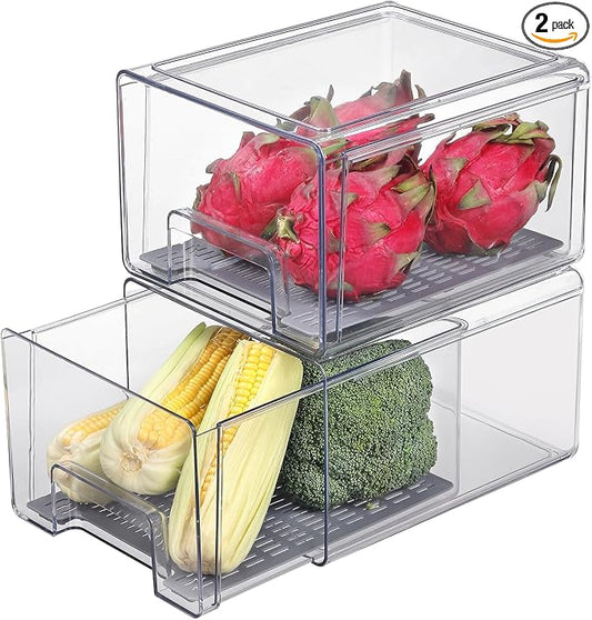 Refrigerator Organizers and Storage Drawers (2PCS, Large) | Produce Water Draining, BPA Free, Stackable, Clear, Fruit and Veggie Organization, Pull Out Bins by Bronkeeper