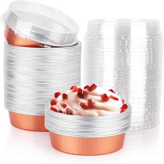 Beasea Mini Tart Pans, 8 Oz 50 Pack Disposable Pie Tins with Lids, 4 Inch Rose Gold Aluminum Pie Pan Cartoon Tin Tart Pans Round Oven Baking Mini Cake Pan for Pie Tart Quiche by Beasea