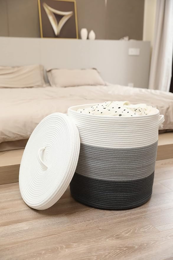 16x18 Inch Extra Large Round Cotton Rope Storage Basket with Lid, Decorative Woven Bin with Cover for Living Room Bedroom Closet, Grey & Dark Grey - Image 3