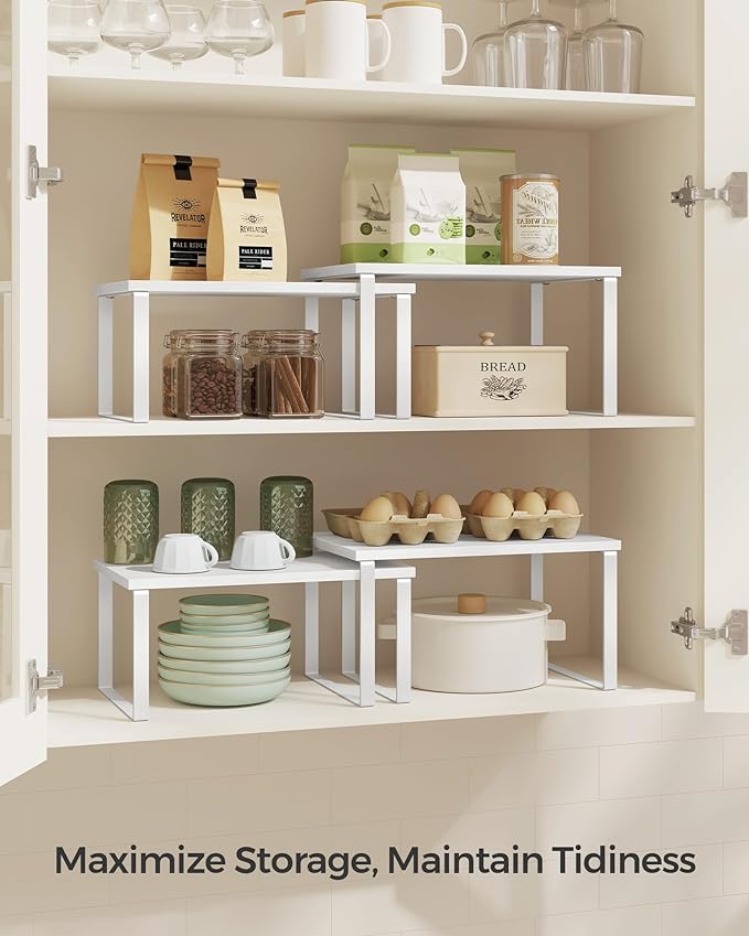 SONGMICS Cabinet Organizer Shelf, Set of 2 Kitchen Counter Shelves, Kitchen Storage, Spice Rack, Stackable, Expandable, Metal and Engineered Wood, 11.7 Inches, Cloud White and Snow White UKCS02W01 - Image 3