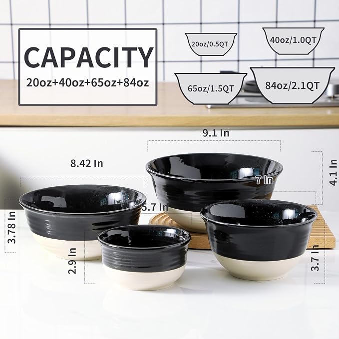 HASENSE Nesting Ceramic Mixing Bowls Set of 4, 2.5/1.5/1.0/0.5 Qt Black & Beige Stoneware Bowls, Farmhouse Bowls for Cooking, Baking, Fruit & Holiday Serving, Dishwasher & Microwave Safe - Image 2
