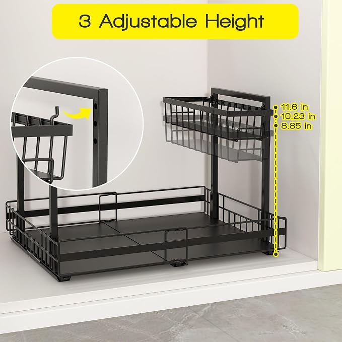 NADAMOO Expandable Under Sink Organizer, 2-Tier Pull Out Cabinet Organizer | Expandable Width, 3-Level Height Adjustment, Metal Storage Rack with 3 Slide Rails for Kitchen Bathroom Laundry, Black - Image 4