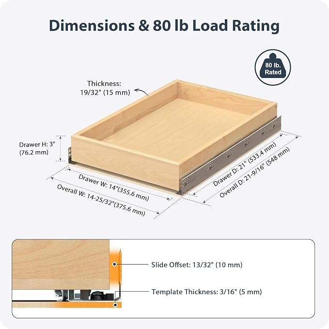Pull Out Drawers for Kitchen Cabinets 14" W x 21" D Birch Wood | Pull-Out Cabinet Drawer, Slide Out Shelf, Concealed Soft-Close Full-Extension Slides, Bottom & Side Mount, 80 lb Heavy-Duty - Image 2