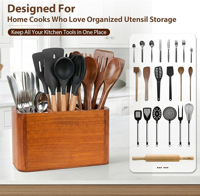 Kitchen Utensil Holder for Counter and Countertop, Acacia Utensil Organizer for Wooden Spoon Set, Large Drying Holder for Kitchen, 3-Compartment Storage for Cooking Utensils, Kitchen Decor - Image 3