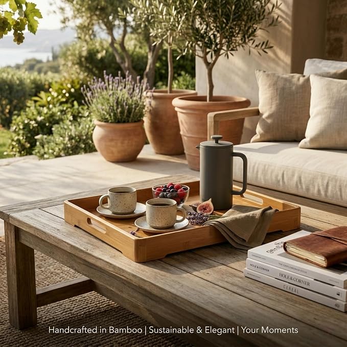 Bamber Large Bamboo Serving Tray Decorative Coffee Tea Platter 18 x 13 x 1.2 Inches - Image 6