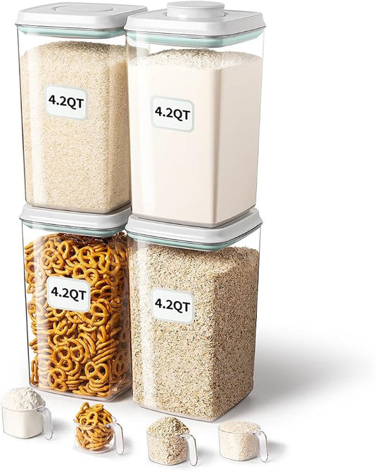Airtight Food Storage Container with Pop Lid & 130ml Scoop, 4L/4.2qt *4 BPA-Free Cereal, Rice, Flour, Pasta & Snack Container, Stackable & Durable,Kitchen Pantry Organizer by ANKOU