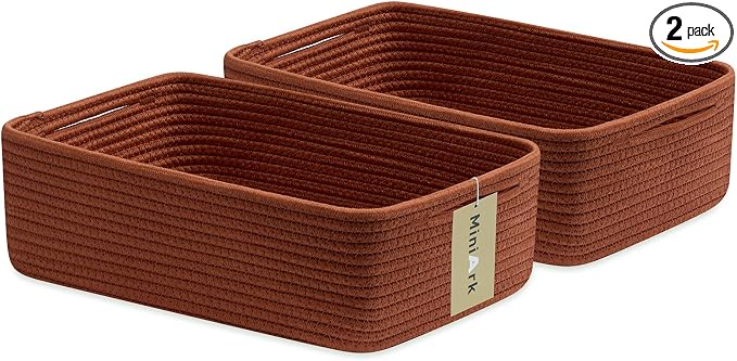 MiniArk Large Shallow Organizing Baskets 15x11x5.1 Inches - Rope Woven Storage Bins for Bathroom, Shelves, Cube Closet, Red 2 Packs by MiniArkStorageBasketsHome