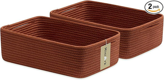 MiniArk Large Shallow Organizing Baskets 15x11x5.1 Inches - Rope Woven Storage Bins for Bathroom, Shelves, Cube Closet, Red 2 Packs by MiniArkStorageBasketsHome
