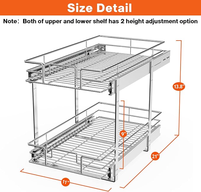 ROOMTEC Individual Pull Out Cabinet Organizer (11"W x 21"D), 2 Tier Spice Rack Organizer for Cabinet, Slide Out Drawer Pantry Shelf Organization and Storage for Kitchen Bathroom - Image 3